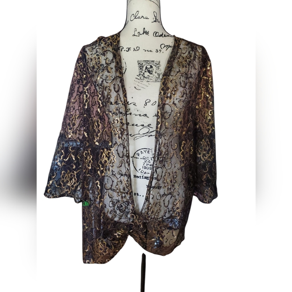 Vintage Leni Leni Elegant Black and Gold Lace Cardigan Blazer Size 20